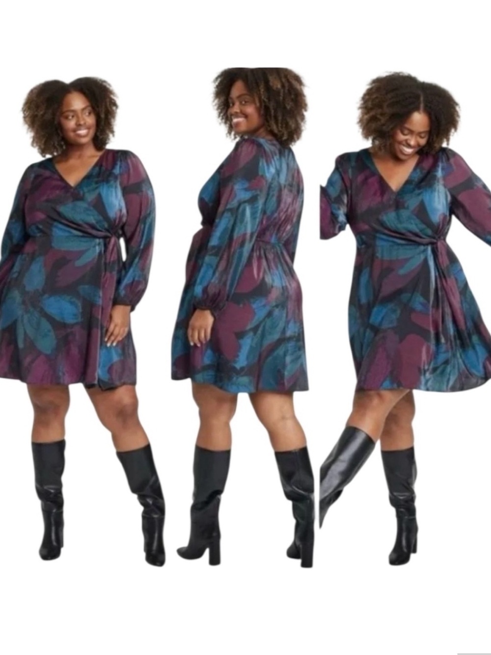 Ava & Viv Women's Balloon Long Sleeve Midi Faux Wrap Dress Shine Multicolor 2X